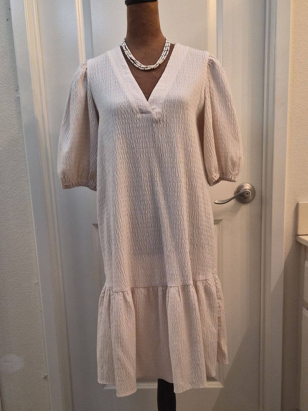 Tommy Hilfiger Light Cream Textured V-Neck Puff Sleeve Dress.(Necklace Included)